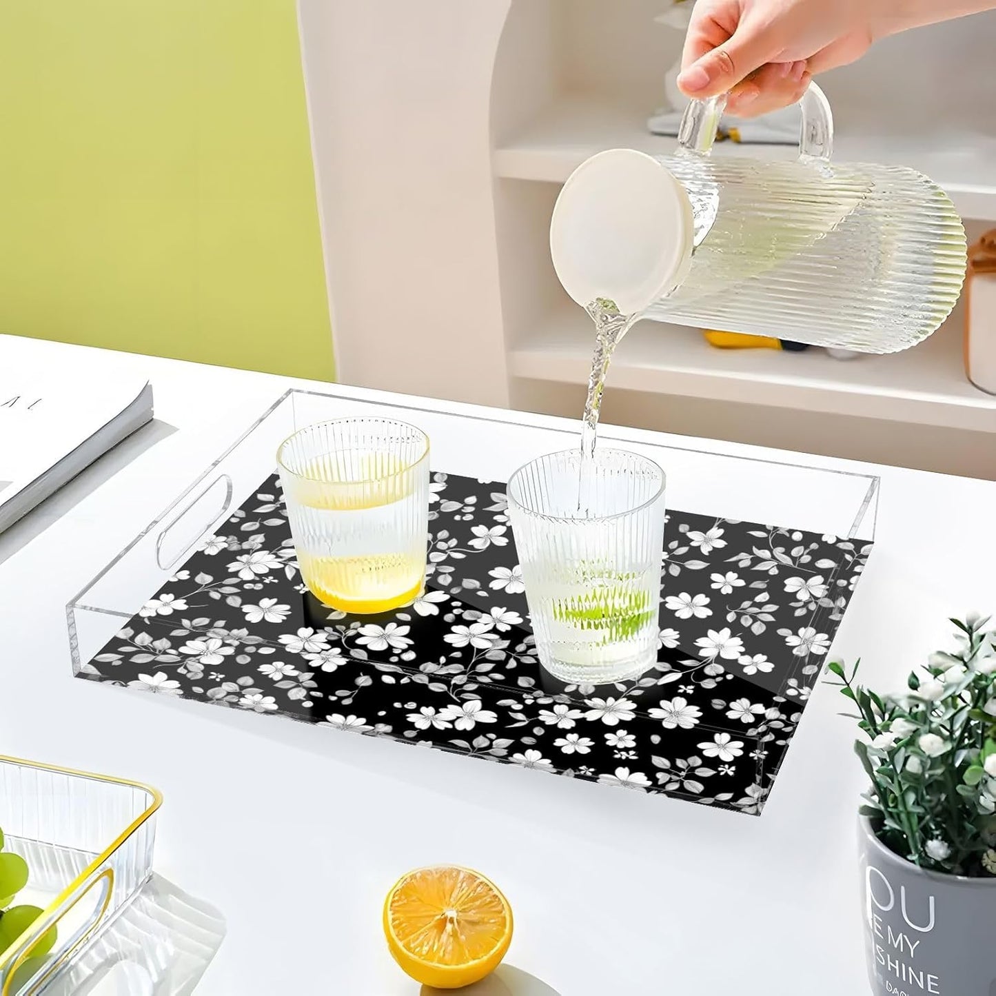 Acrylic Serving Tray with Handles Spill Proof Kitchen Storage Tray Clear Decorative Tray Makeup Drawer Organizer Storage Tray for Bathroom Living Room Ottoman 15.7x11.8Inches