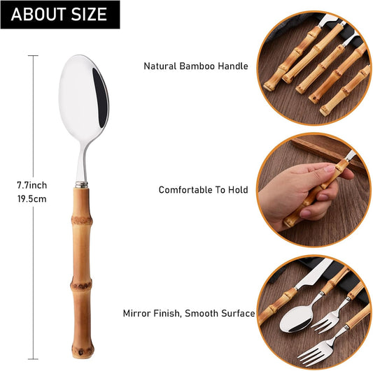 8-Piece Bamboo Handle Dinner Spoon Set, Stainless Steel Spoons for Kitchen Home and Restaurant, Mirror Polished, 8.03 inch