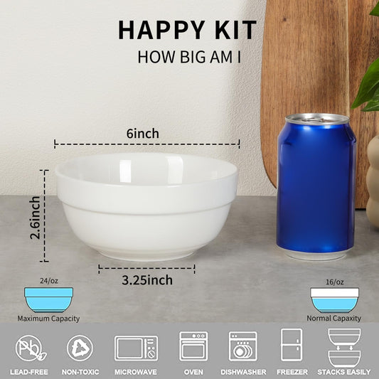 HAPPY KIT 6inch Ceramic Soup Bowls, Cereal Bowl Set of 6, 24OZ for Kitchen, Cereal Soup Rice Pasta Salad Oatmeal, Thick-edge Non-slip Design