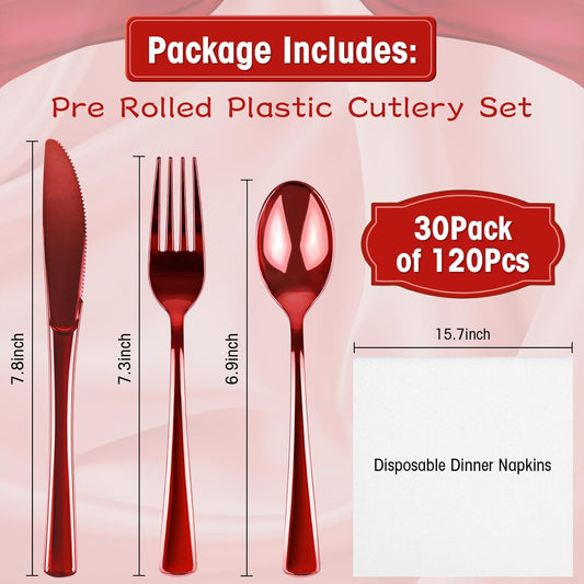 30Pack Red Pre Rolled Plastic Silverware - Wrapped Red Disposable Cutlery with Napkins, Heavy Duty Rolled Silverware Set, Disposable Plastic Utensils with Dinner Napkins for Valentine's Day