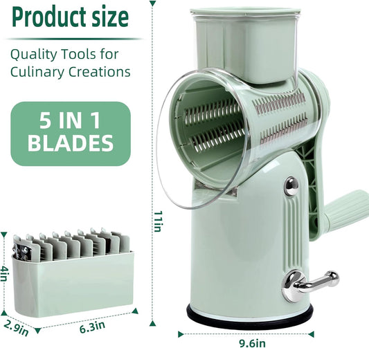 Rotary Cheese Grater with Handle, Vegetable Shredder with 5 Replaceable Blades & Strong Suction Base, Round Food Slicer & Chopper for Kitchen Fruit Vegetables Nuts with Blade Storage Box (Green)