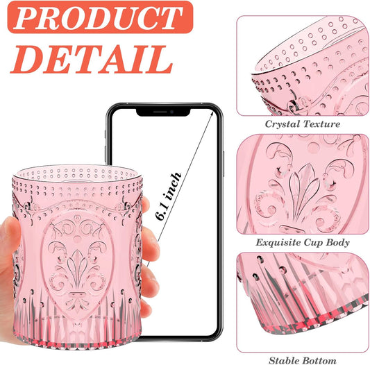 48 Plastic Vintage Drinking Glasses 8.5oz Stemless Retro Embossed Wine Glasses Shatterproof Reusable Cups for Baby Shower Wedding Reception Grand Event Party (Pink)