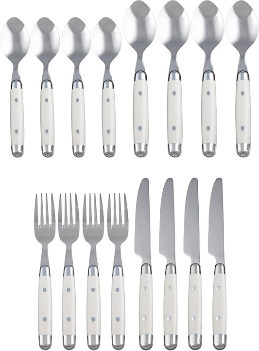 Cambridge Silverware Set, Jubilee White 16-Piece Flatware Set, Service for 4, 18/0 Stainless Steel, Silver Mirror Finish Beige Handles, Knives Spoons and Forks set, Dishwasher Safe, (Beige, 16 Pieces)