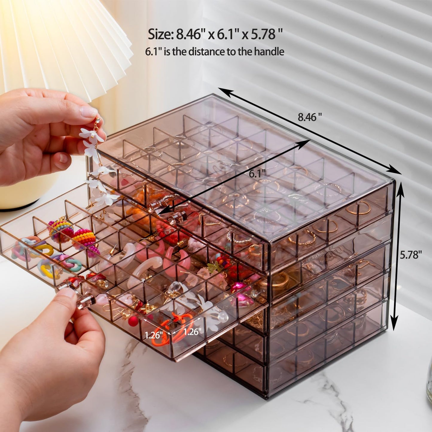 Earring Storage Box Organizer, Acrylic Jewelry Storage Box Holder 5 Drawers Transparent Jewelry Display Stand with 120 Small Compartments Gift Boxes for Women Girls (Clear Purple Brown)