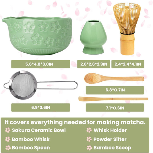 Matcha Whisk Set, Sakura Cyan Ceramic Matcha Set Includes Matcha Bowl, Matcha Whisk (Chasen) and Holder, Sifter, Bamboo Scoop & Spoon - 6 Pcs Matcha Kit for Matcha Lovers