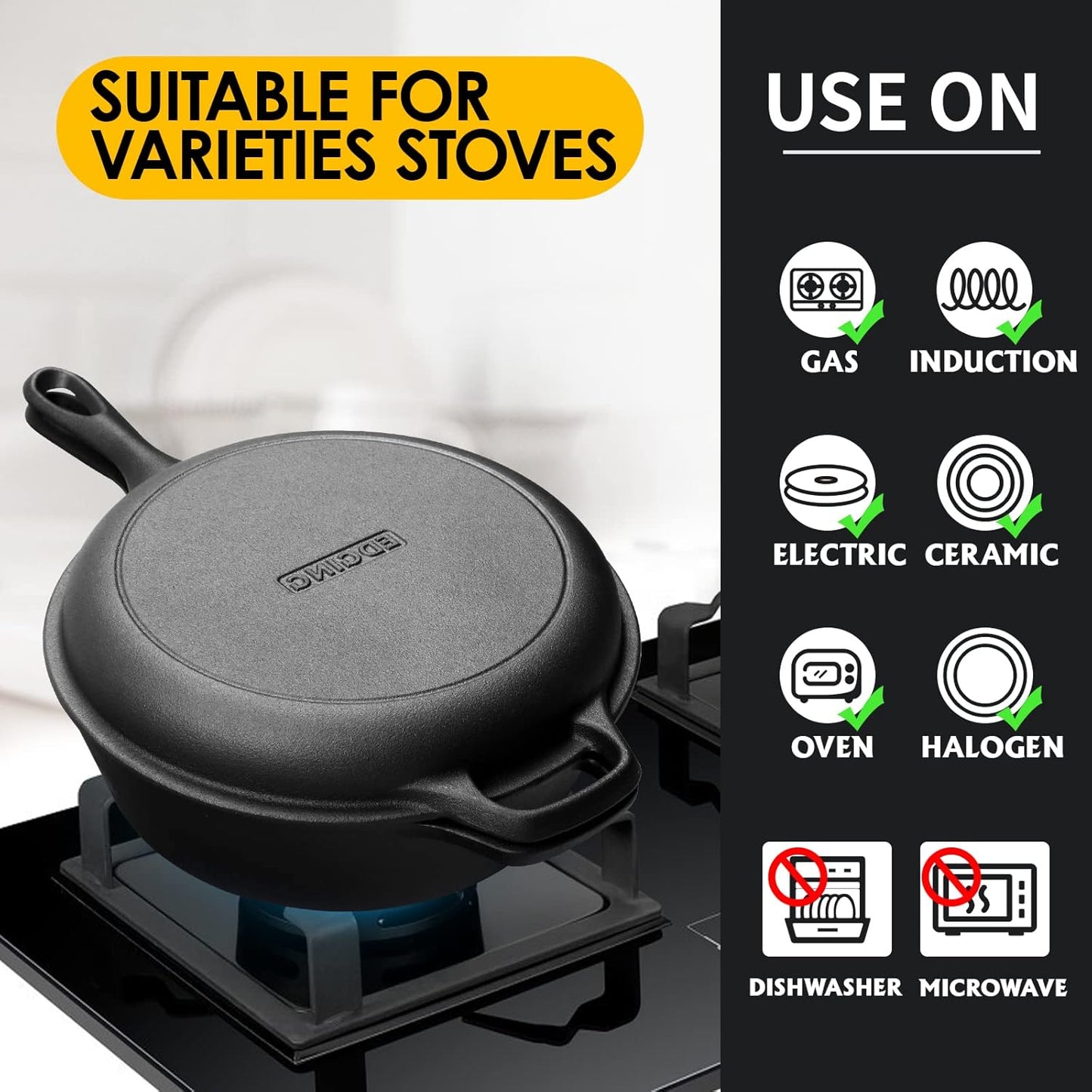 2-in-1 Pre-Seasoned Cast Iron Dutch Oven Pot with Skillet Lid Set, 10" Skillet 3QT Pot for Cooking, Baking, Frying and Camping