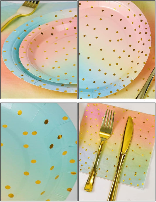 141 Pieces Rainbow Gold Party Supplies, Party Dinnerware Sets Include Paper Plates Napkins Cups Silverware, for Wedding Bridal Shower Engagement Birthday Parties Decoration -20 Serves