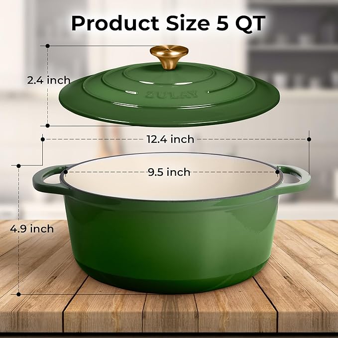 Zulay Kitchen 5 Quart Enameled Cast Iron Dutch Oven Pot with Lid – Premium Durability & Oven Safe up to 500°F – Heavy Duty Cookware Perfect for Bread Baking, Stews, Braising & Roasting – Green