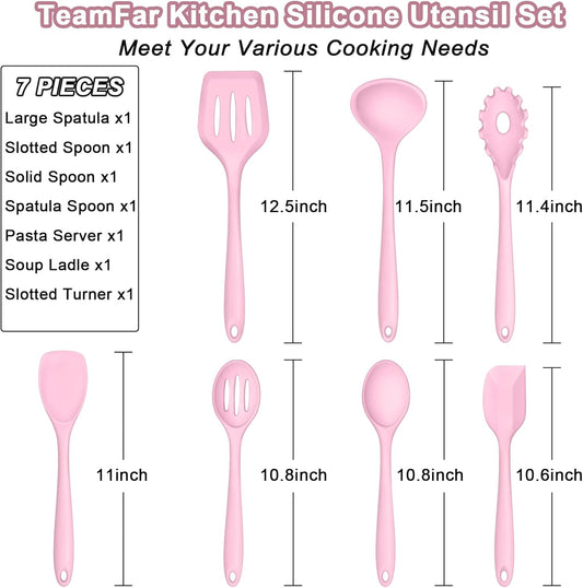 TeamFar Silicone Cooking Utensil Set of 7, Kitchen Nonstick Tools Turner Spoon Spatula Ladle Pasta Server for Nonstick Cookware, Healthy & One-Piece, Anti-Heat & Dishwasher Safe - Pink