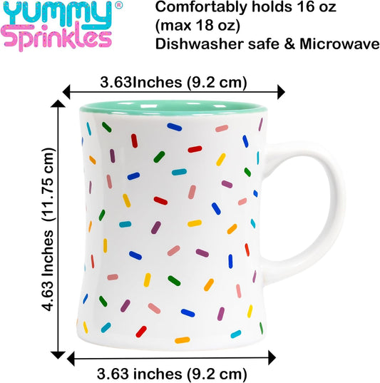 Mug | Mint Green Cute Coffee Mug with Rainbow Sprinkles | Birthday Cake Coffee Cup Gift | White Ceramic Cup with Green, Yellow, Red, Pink, and Blue Sprinkles | Fun Colorful Pattern