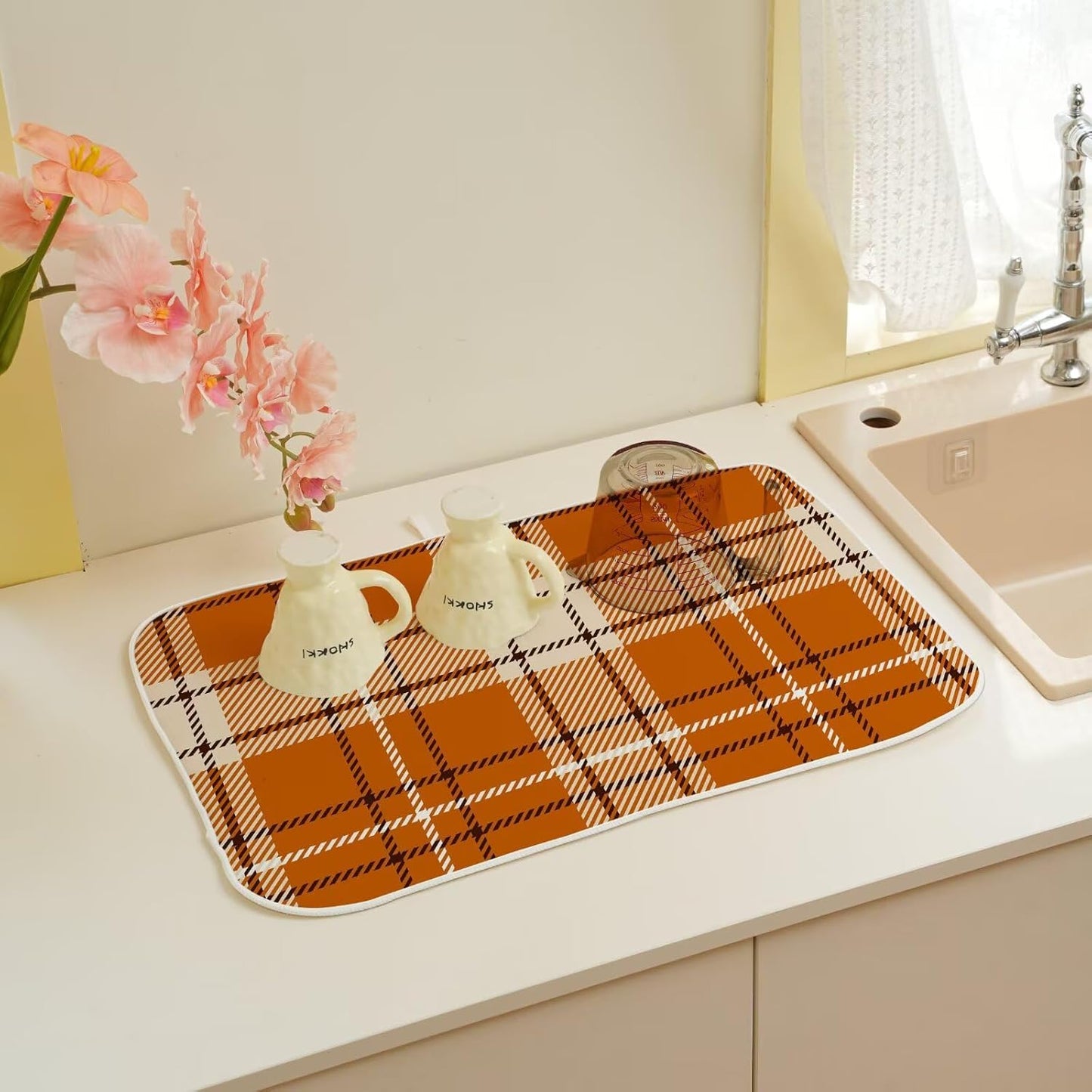 Fall Dish Drying Mat 18 x 24 inch Autumn Orange Buffalo Plaid Themed Decorative Drying Mats Microfiber Absorbent Dish Washable Draining Mat for Kitchen Counter Decor