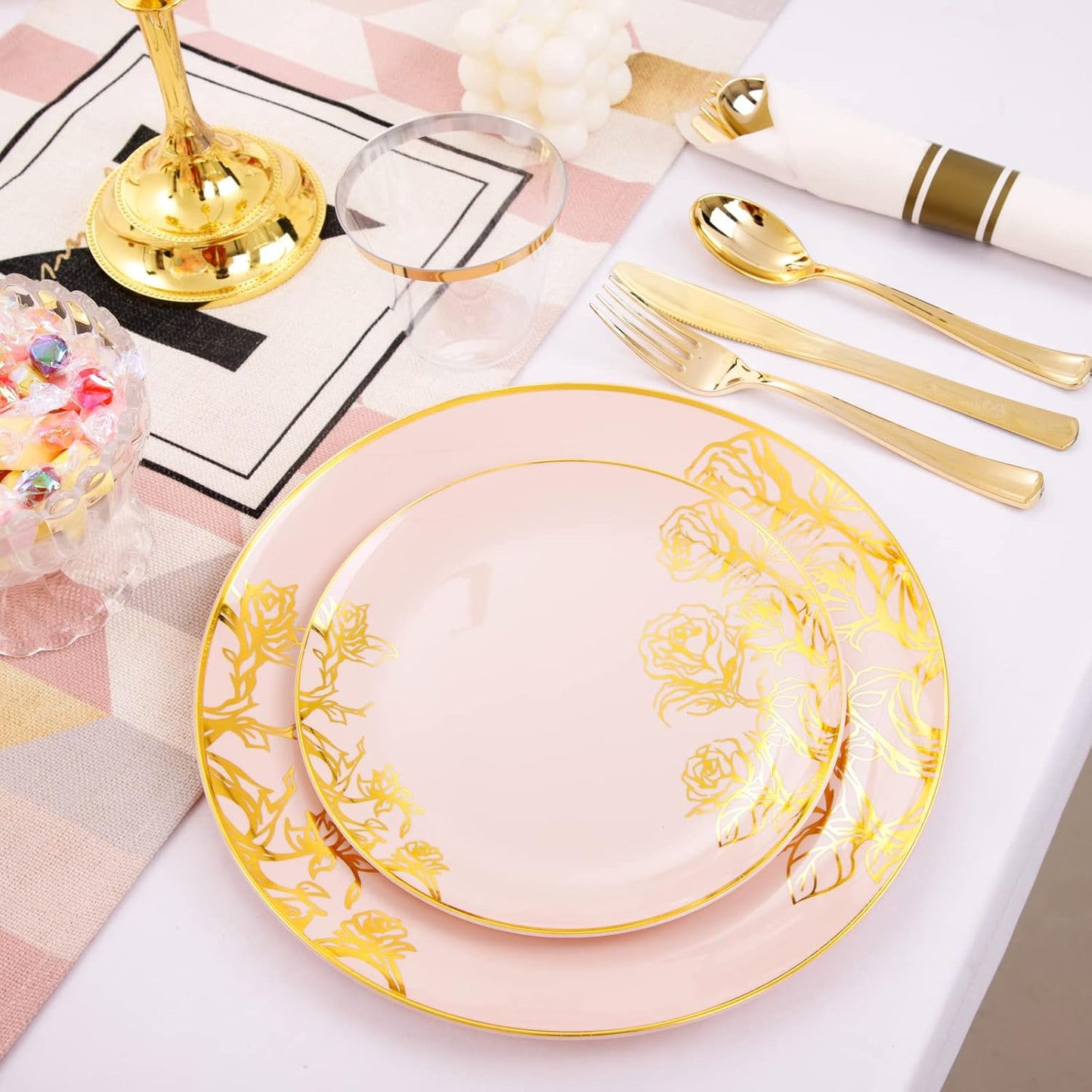 DaYammi 210Pcs Pink Gold Plastic Plates Floral Plates,Thanksgiving Disposable Dinnerware Set Includes 60 gold Pink plates,30 gold Plastic Silverware,30 Per Rolled Napkins,30 plastic Cups for Party