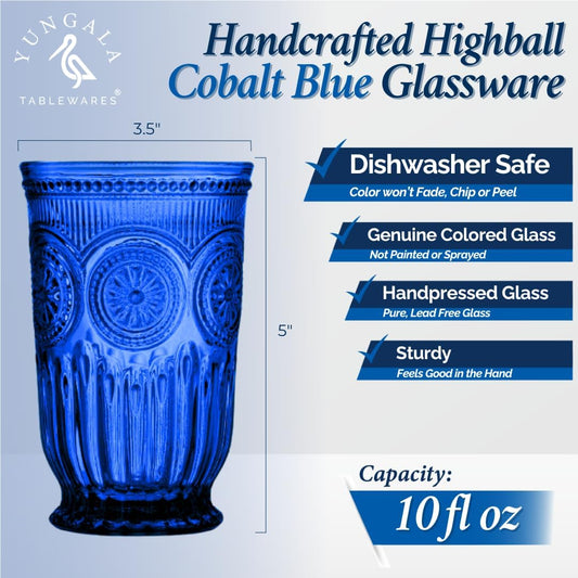 Yungala Cobalt Blue Highball Glasses set of 6 tall drinking glasses for tablesetting with cobalt blue glassware dishwasher friendly made without lead