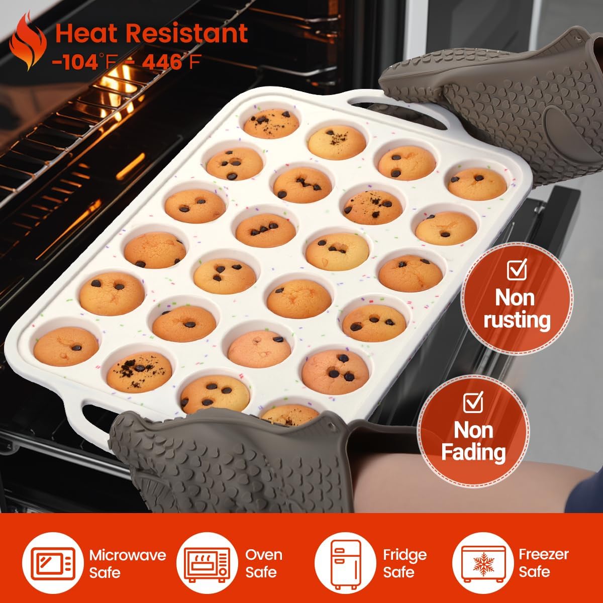 Silicone Mini Muffin Pan, Metal Reinforced Frame 24 Cups Cupcake Pan with Handle Nonstick for Baking Muffins, Cupcakes, Egg Bites