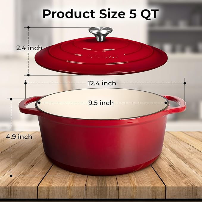 Zulay Kitchen 5 Quart Enameled Cast Iron Dutch Oven Pot with Lid – Premium Durability & Oven Safe up to 500°F – Heavy Duty Cookware Perfect for Bread Baking, Stews, Braising & Roasting – Red