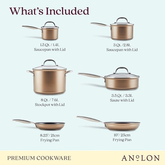 Anolon Ascend Hard Anodized Nonstick Cookware/Pots and Pans Set - Good for All Stovetops (Gas, Glass Top, Electric & Induction), Dishwasher & Oven Safe with Stainless Steel Handles, 10 Piece - Bronze