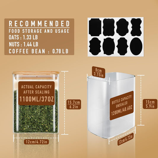 37oz Rectangle Airtight Glass Storage Containers with Bamboo Lids (Set of 6), Square Food Storage Jar, Pantry Organizers for Cereal, Nuts, Snacks and Coffee beans (with Black Lable)