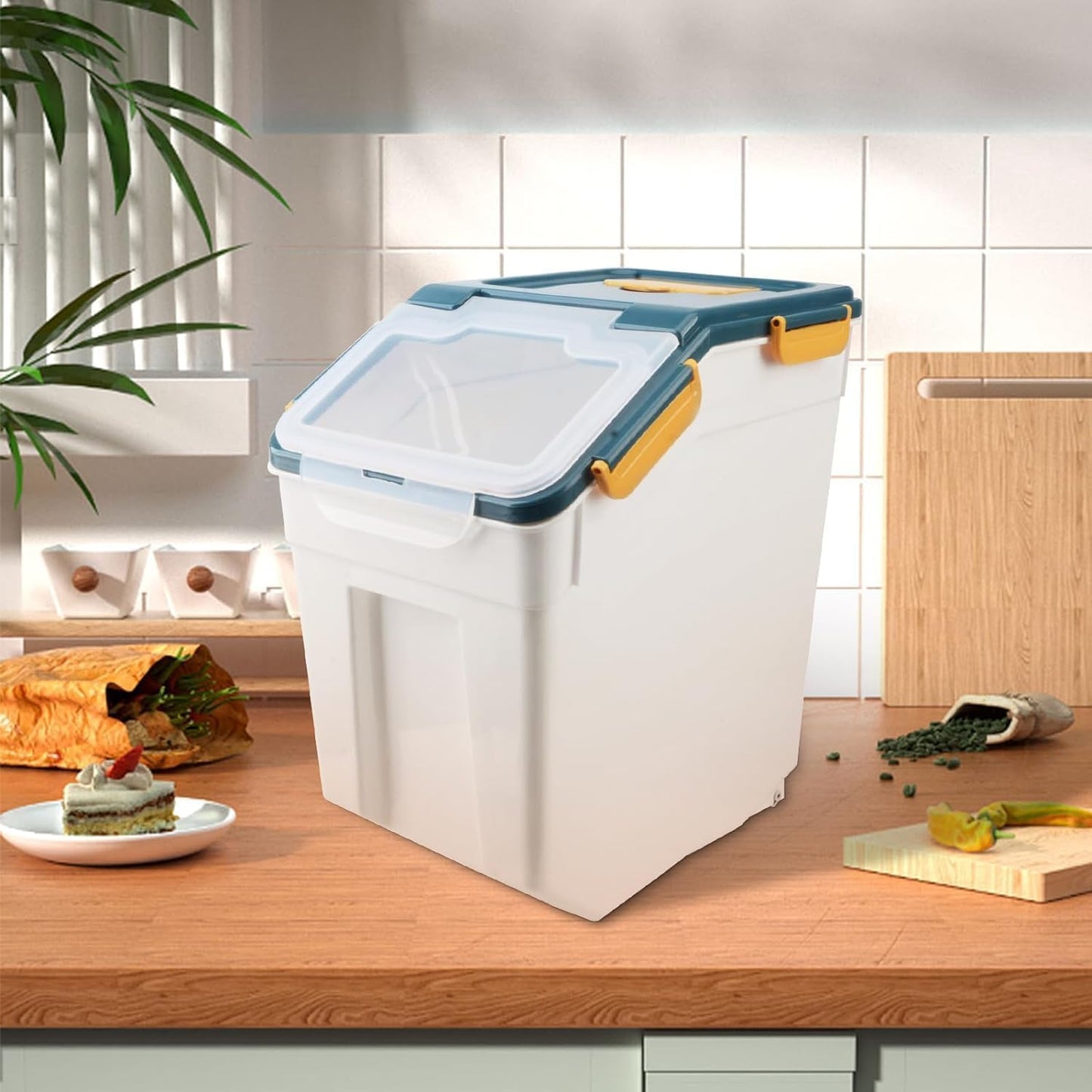 Large Flour Storage Container Bin 25lb,4 Pack Airtight Rice Storage Containers with Wheels Seal Locking Lid BPA Free with Measuring Cup,Scoop for Flour, Rice, Grain, Dry Food - Dark Blue