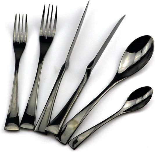 JASHII 18/10 Stainless Steel 24 Piece Mirror Polished Black Flatware Set,Dinner Knife Steak Knife Salad Fork Dessert Coffee Spoon,Service for 4 ,Black Utensil Sets