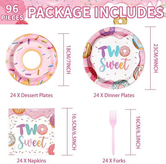96 Pcs Two Sweet Donut Birthday Party Supplies Two Sweet Party Decorations Donut Plates Napkins Forks Girls Donuts Tableware Set for Baby Girl 2nd Birthday Decorations Baby Shower Serves 24