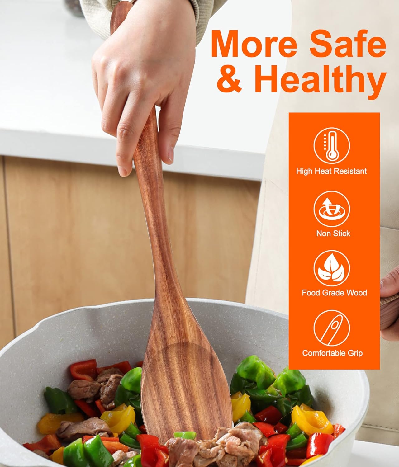 2-Piece 14 inch Large Wooden Spoon Set Non Toxic Solid Wood Spoons Cooking Utensils Slotted Spoon Long Non-Stick Cooking Spoons Teak Wood Kitchen Spatula for Mixing Stirring Serving Spoons