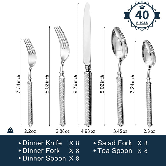 KINGSTONE Retro Rope-Pattern Silverware Set, 40-Piece Flatware Set Cutlery Set Forged with Handcrafted Texture Handles 18/10 Stainless Steel, Dishwasher Safe