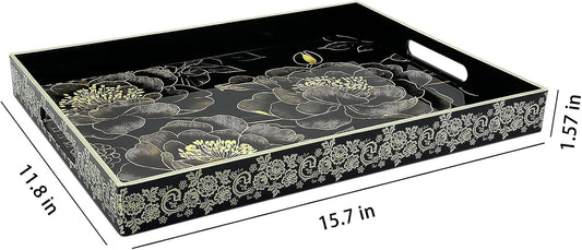 Serving Tray with Handles, 15.7 * 11.8 inches, Plastic Ottoman Tray with Exquisite Paintings, Trays for Coffee Table