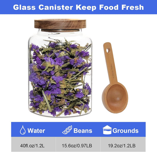 Vacuum Coffee Canister Glass Food Storage Jars With Airtight Lids Borosilicate Glass Coffee Canister Container for Coffee Beans & Grounds Tea Sugar Spices Kitchen (1200ml/40oz -1 pack-with spoon)