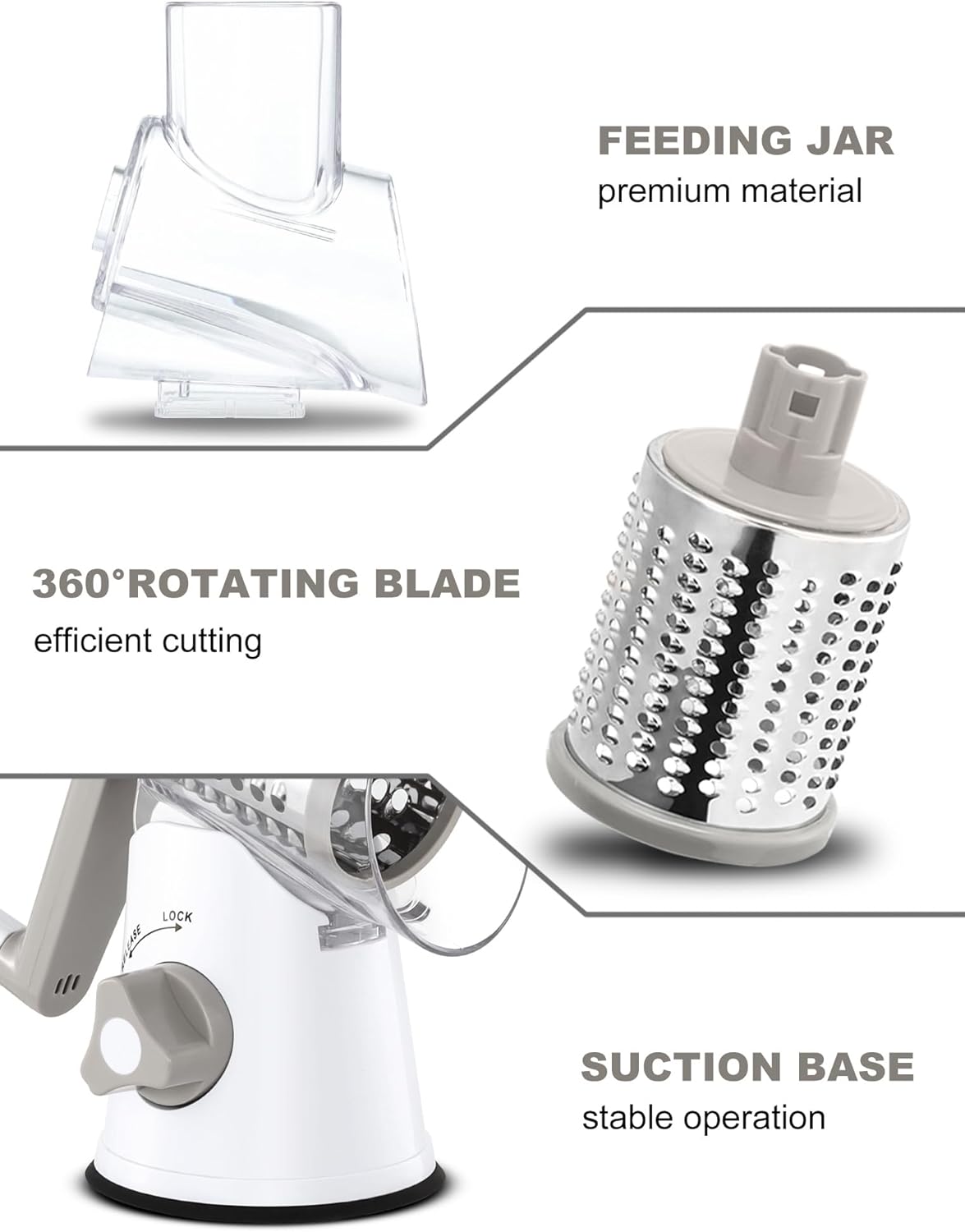 Cheese Grater Rotary, Rotary Grater for Kitchen, Kitchen Grater Vegetable Slicer with 3 Drum Blades, Fast Cutting Cheese Shredder for Vegetables and Nuts