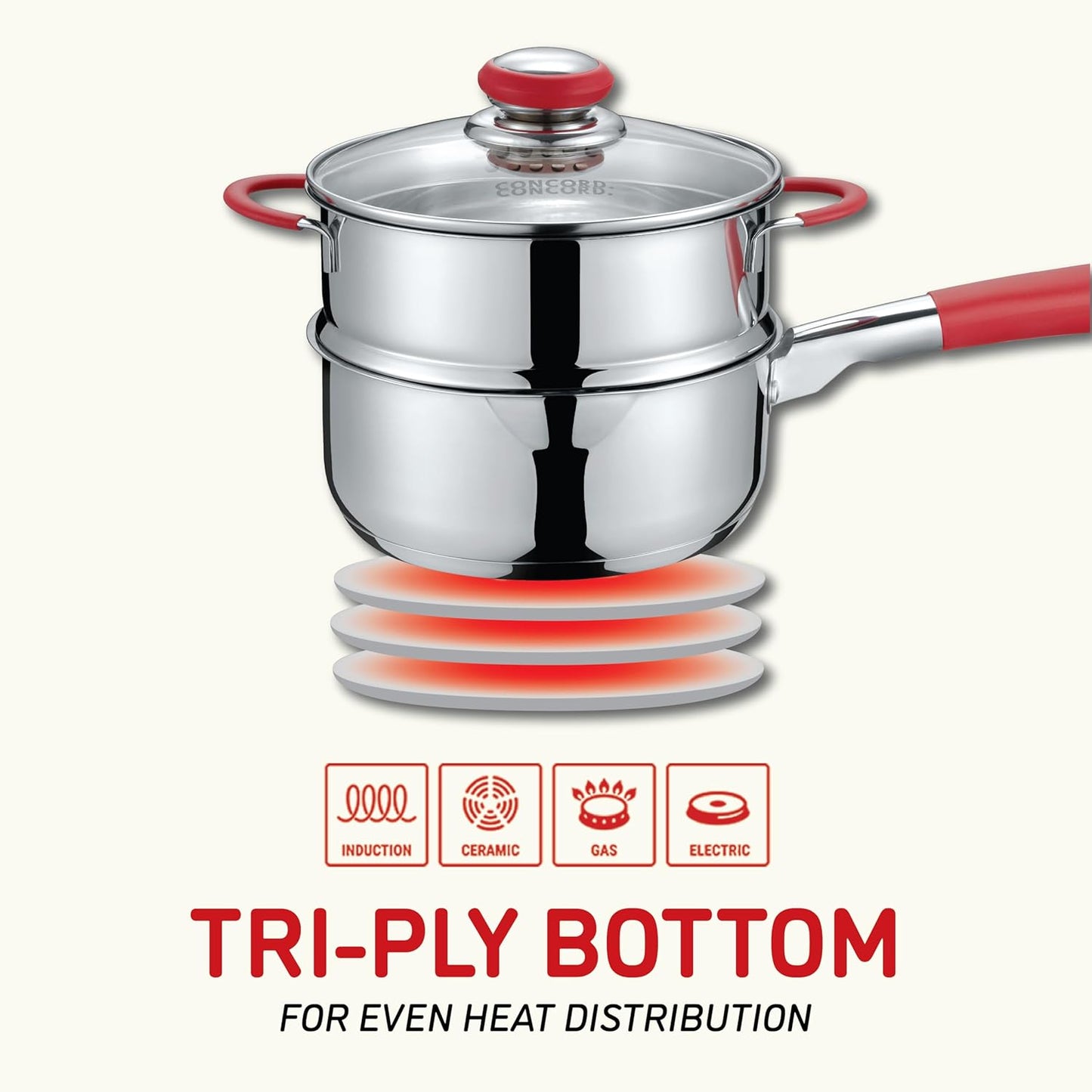 Concord Stainless Steel SIMPLE POUR Saucepan with Steamer Tier. Vented Glass Lid. Features Dual Pouring Spouts and Volume Marking on pot. Perfect for making Sauces, Jam, Ramen, and more (3 Quart)