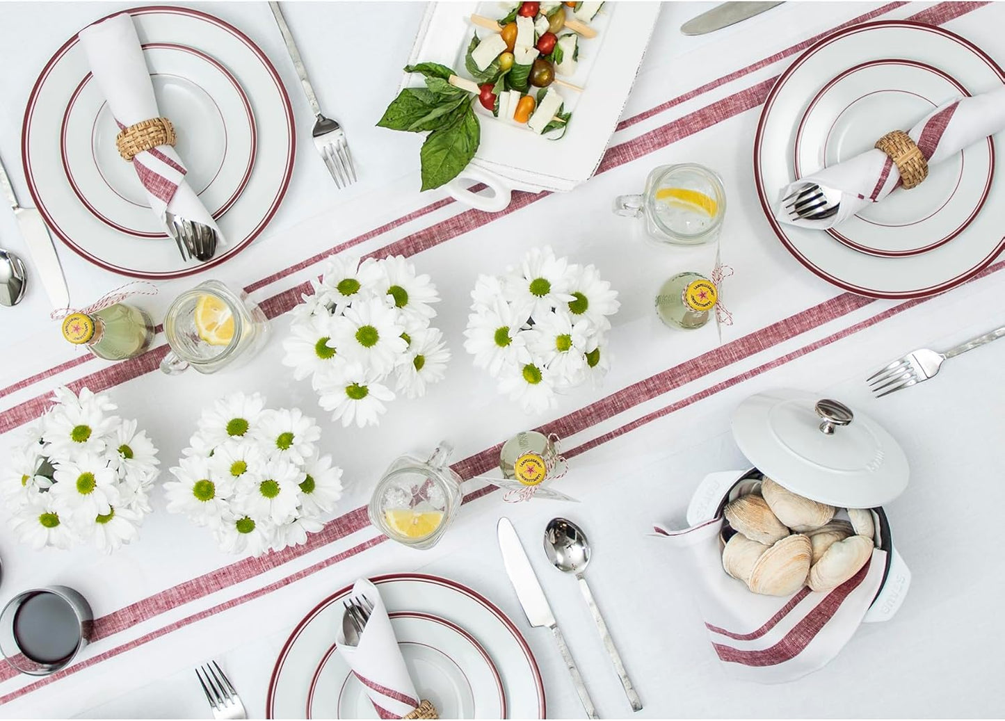 Solino Home Linen Table Runner 108 Inches Long - French Stripe, 100% Pure Linen Burgundy and White Farmhouse Table Runner 16 x 108 Inch Ideal for Dining, Fall, Autumn, Thanksgiving