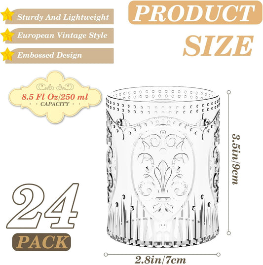 24 Plastic Vintage Drinking Glasses 8.5oz Stemless Retro Embossed Wine Glasses Shatterproof Reusable Cups for Baby Shower Wedding Reception Grand Event Party (Clear)