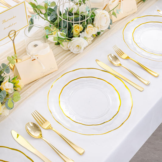 EI 150pcs Clear Plastic Plates with Gold Plastic Silverware,Disposable Plate Heavy Duty,Clear and Gold Dinnerware Set,Elegant Plates for Party,Wedding,Afternoon Tea,Birthday