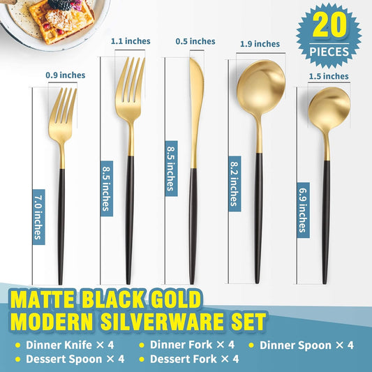 Lemeya Matte Black Gold Silverware Set for 4,Modern Stainless Steel Brushed Cutlery Set,20-Pieces Heavy Duty Flatware Set,Knives Spoons and Forks Set Utensils Set, Satin Finish, Dishwasher Safe