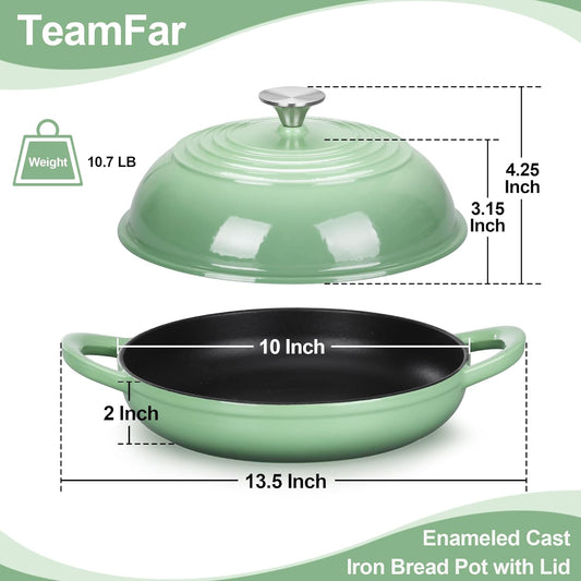 TeamFar Cast Iron Bread Dutch Oven, 6 Qt Enameled Dutch Oven Pot for Sourdough Bread Baking, with Tall Dome Lid & Round Base Pan, Self-Basting & Even-Heating, Heavy-Duty & Non-stick, Pistachio Green