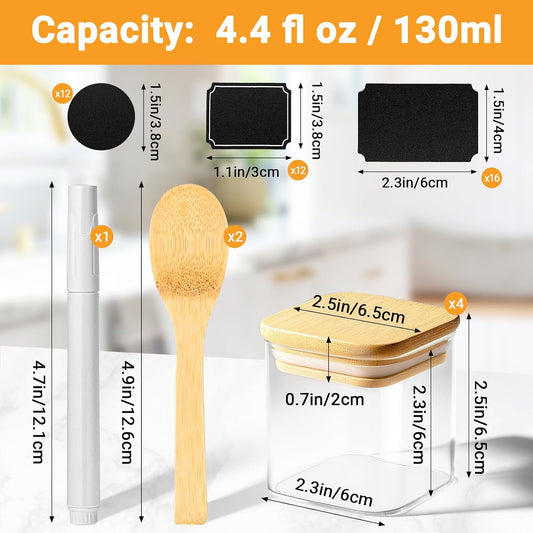 Glass Jar with Lid Set of 4, 4 Fl.oz Square Glass Storage Jars with Bamboo Lids, Clear Spice Container Seasoning Canister for Sugar Coffee Tea - Included Label Sticker, Spoon and Marker