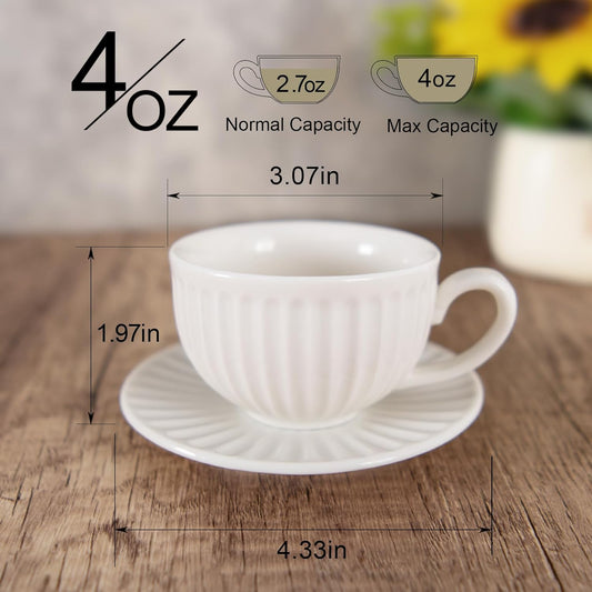 4 oz White Espresso Cups Set of 2, Ceramic Cappuccino Cups with Saucers, Durable Porcelain Tea Set & Modern Coffee Cup Collection, Coffee Lover Gifts