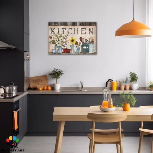 GUTTATY Farmhouse Wall Art Rustic Kitchen Decor, Ready to Hang Kitchen Canvas Print Sunflowers And Various Spoons,Retro Posters Prints for Dinning Room Home Kitchen Restaurant Painting 24×36 Inch