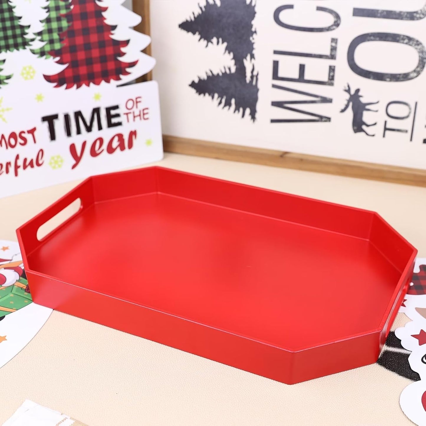 Red Octagonal Serving Tray with Handles for Coffee Table, Plastic Decorative Tray for Ottoman, Kitchen Counter, Living Room, Outdoor Lacquer Tray for Entertaining