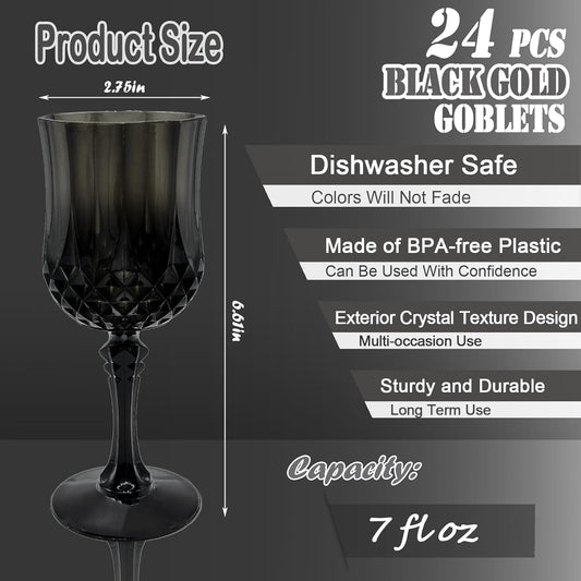 24 PCS Black Plastic Wine Glasses,Reusable Plastic Wine Glasses,Black Goblet Glass,Durable and Sturdy Cups Can Be Used for Various Parties Such as Weddings!