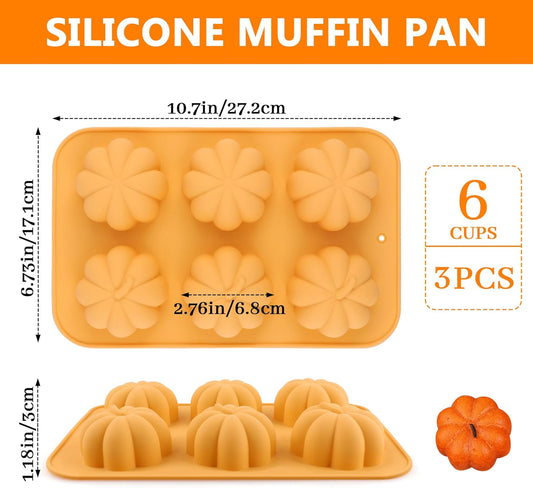3-Pack 6-Cup Silicone Muffin Pans, Nonstick Cupcake Baking Molds, Muffin Cupcake Pans Molds for Baking, BPA/PFA-Free, Dishwasher & Oven Safe Pumpkin