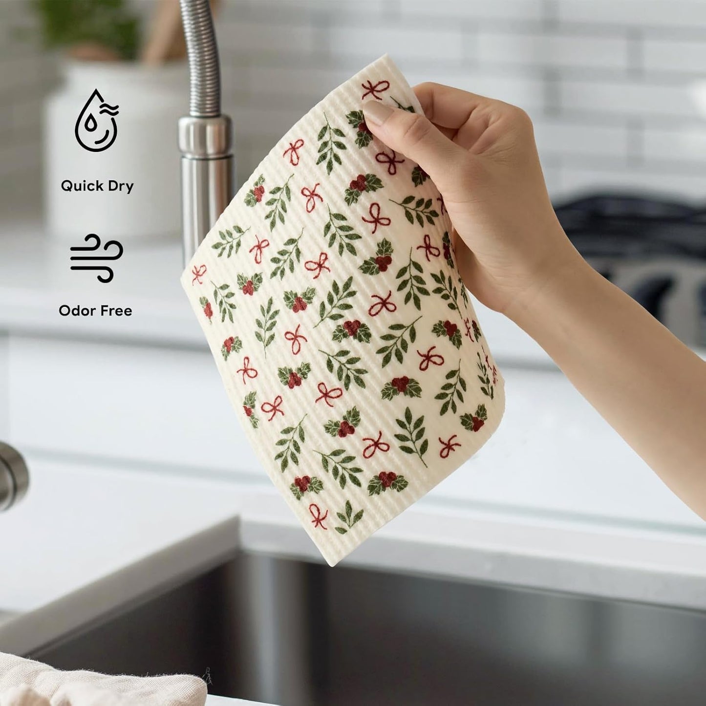RECYCO 4 Pack Christmas Swedish Dishcloths for Kitchen | Jolly Holiday Washable Dish Towels | Cellulose Reusable Cleaning Paper Towels | Absorbent Counter Dish Cloth Sponge Kitchen Wipes, 7" x 8"