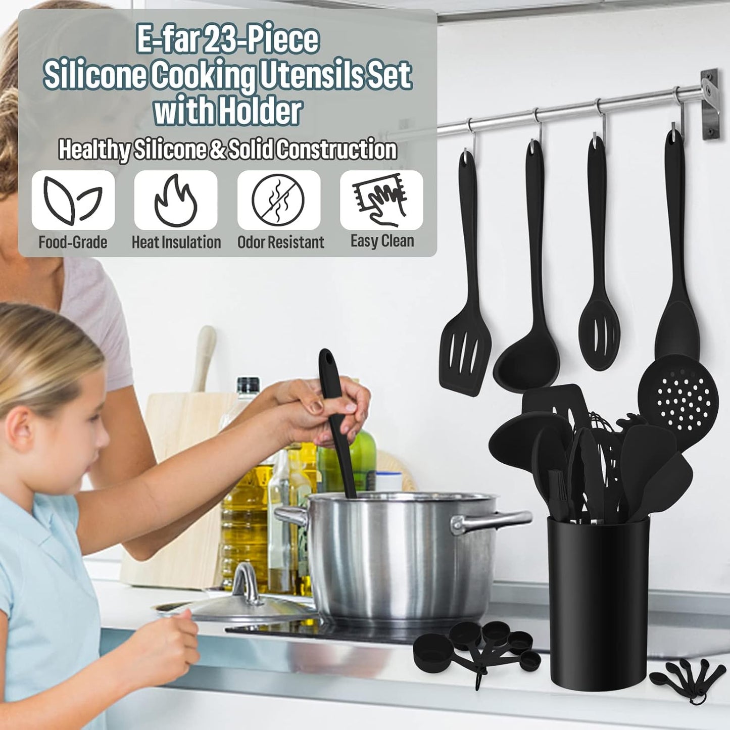 Silicone Kitchen Utensils Set, E-far 23 Pcs Black Cooking Utensils Tools with Holder for Nonstick Cookware, Include Spatula/Spoon/Ladle/Tongs/Turner, Heat Resistant & Nontoxic, Dishwasher Safe