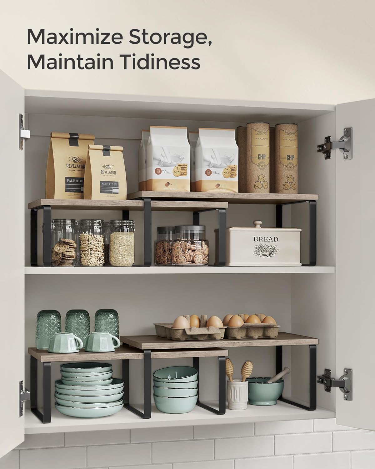 SONGMICS Cabinet Organizer Shelf, Set of 4 Kitchen Counter Shelves, Kitchen Storage, Spice Rack, Stackable, Expandable, Metal and Engineered Wood, Ink Black and Heather Greige UKCS022X02