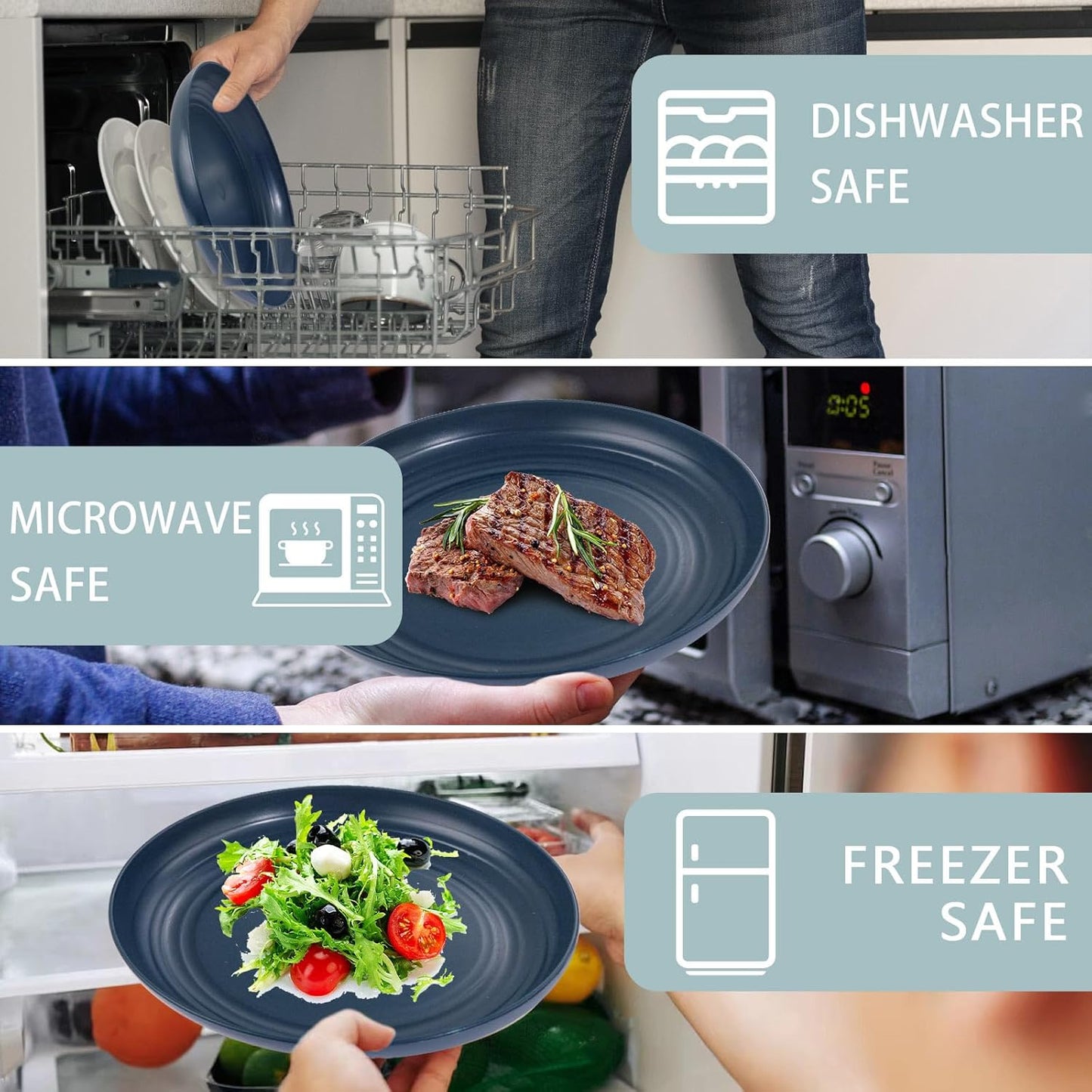 Supernal Wheat Straw Dinnerware Sets, Tableware Set for 8, Plates and Bowls Sets, Reusable Dinnerware Set, Microwave Dishwasher Safe, Blue Plastic Dinnerware Sets 16pcs Plates, 8pcs Bowls, 8pcs Cups