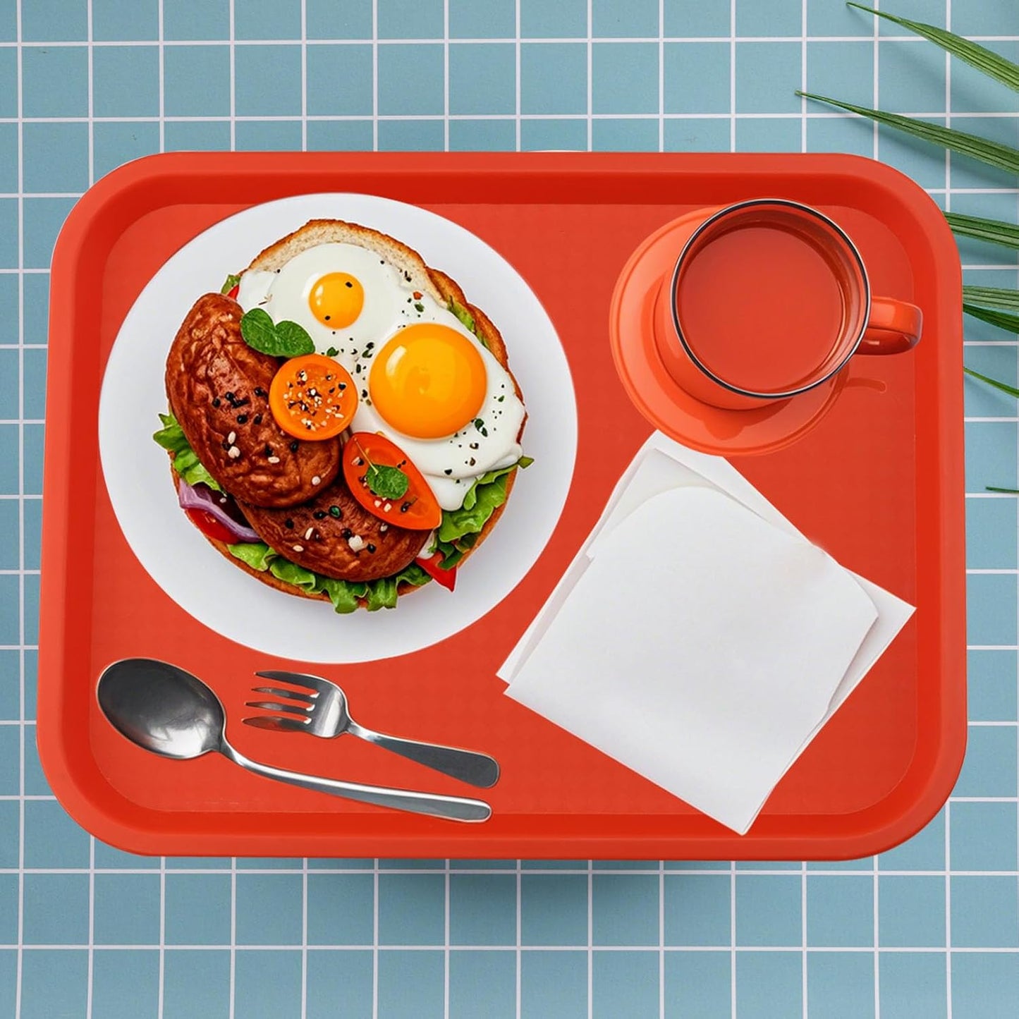 15 Pack 14 x 10 Inch Orange Fast Food Tray, Large Rectangular Restaurant Serving Trays, Plastic Cafeteria Trays School Lunch Trays
