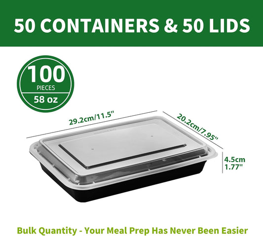 Meal Prep Containers, 50 Pack 58oz (100-Piece) Disposable Take Out Food Storage Containers with Leakproof Lids, Large Plastic To Go Lunch Boxes, BPA Free, Microwave/Dishwasher/Freezer Safe