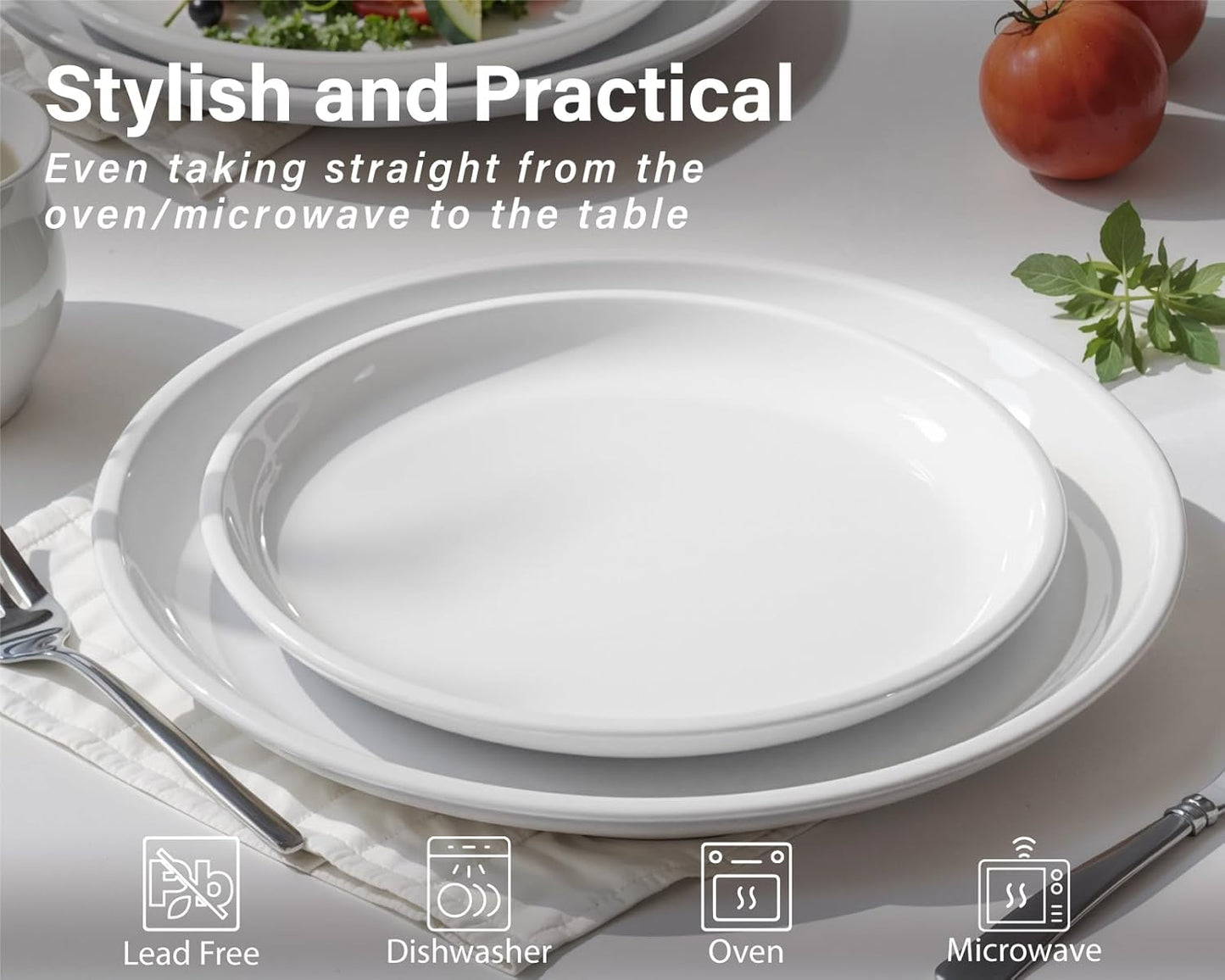 ONEMORE Plates and Bowls Set for 4 - Microwave & Dishwasher Safe Porcelain Dinnerware Set Service for 4 - Ceramic Dishes Set(12 Pcs) - White