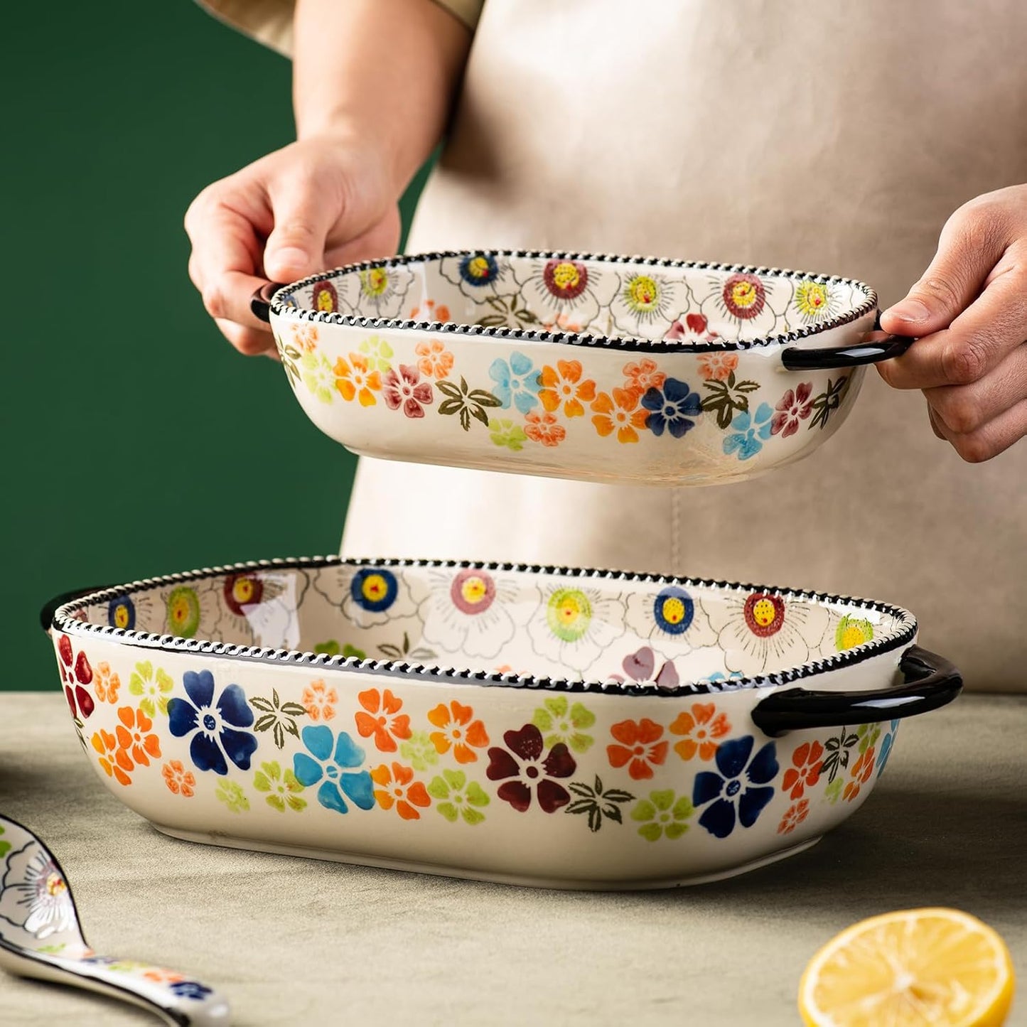 Retro pastoral style Ceramic Baking Dish Rectangular Bakeware Set Baking Pan, 2-piece Hand-painted Porcelain Baking pan with handle, Casserole Dish for Oven/Cooking/Kitchen (Green Traces)