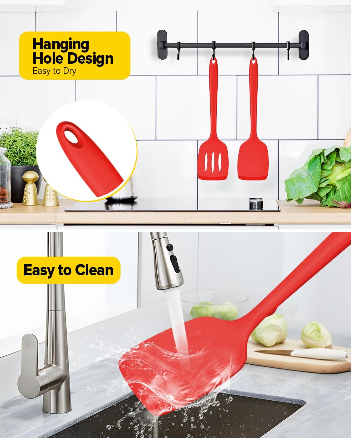 Pack of 2 Silicone Spatula Turners, Non Stick Slotted Kitchen Spatula Set, Heat Resistant BPA Free Kitchen Utensils, One-Piece Design, Suitable for Flipping Fish, Eggs, Steak, Pancakes (RED)